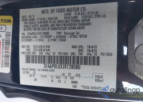 2018 Ford Fusion Hybrid Se из США, поврежденный, VIN 3FA6P0LUXJR128080